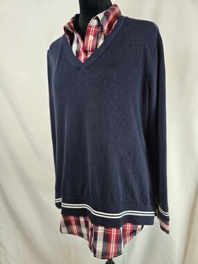Tommy Hilfiger Navy V-Neck Sweater with White Stripe Trim